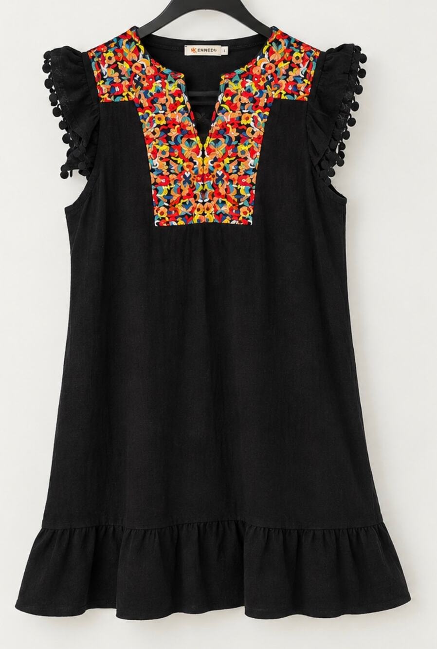 KIRUNDO Women’s Black Embroidered Boho Dress